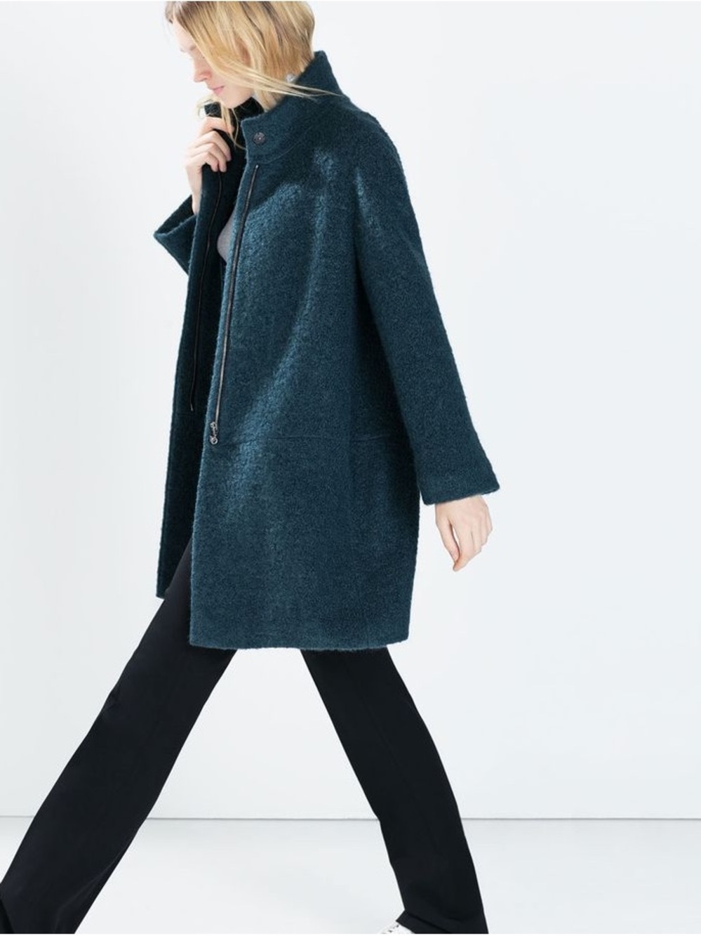 Zara Teal Bouclé Coat - Stylish Stand Collar Outerwear in XS